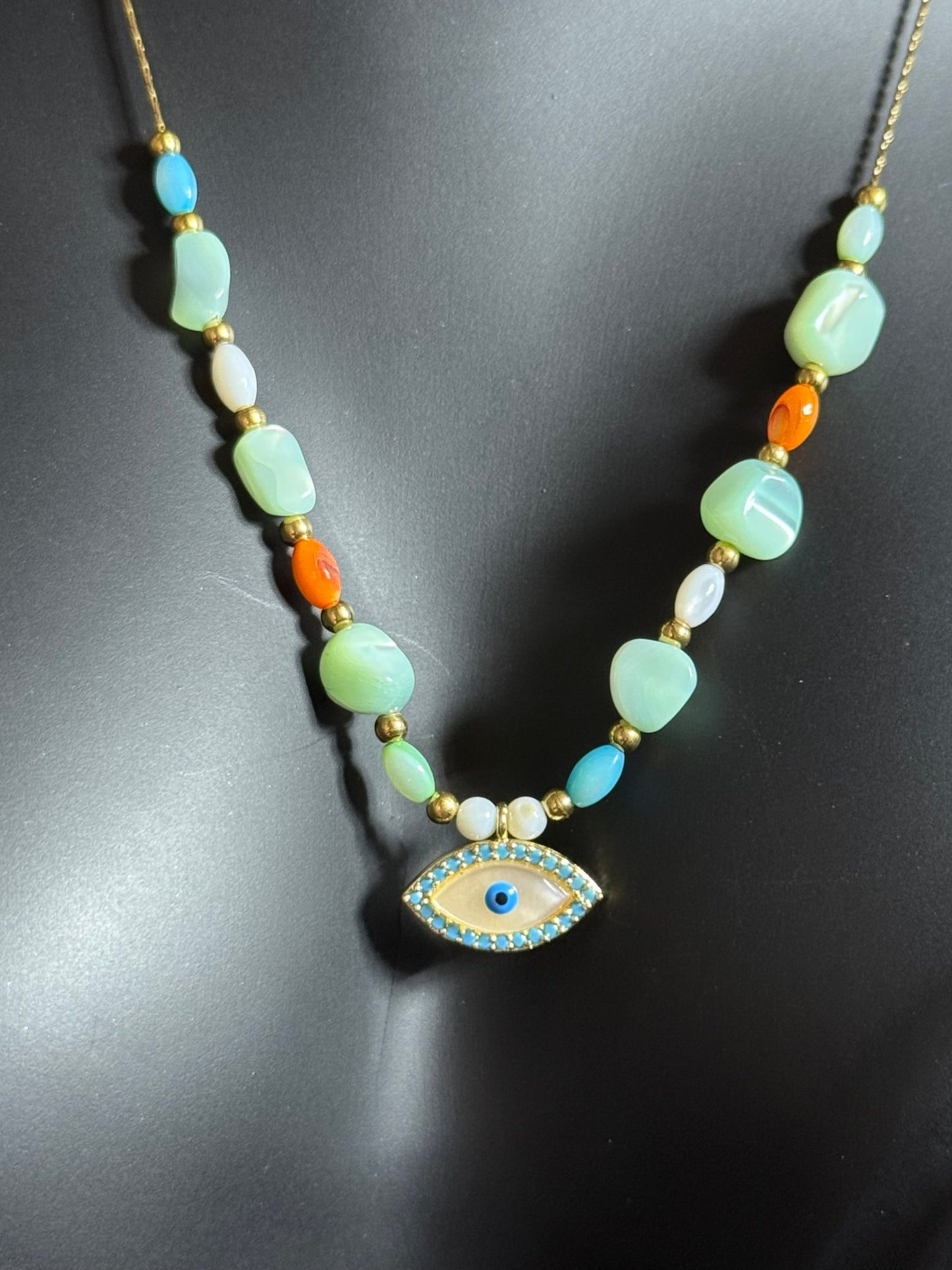 Renkli Doğal Taşlı Kolye - Nazar Boncuklu - Kllea