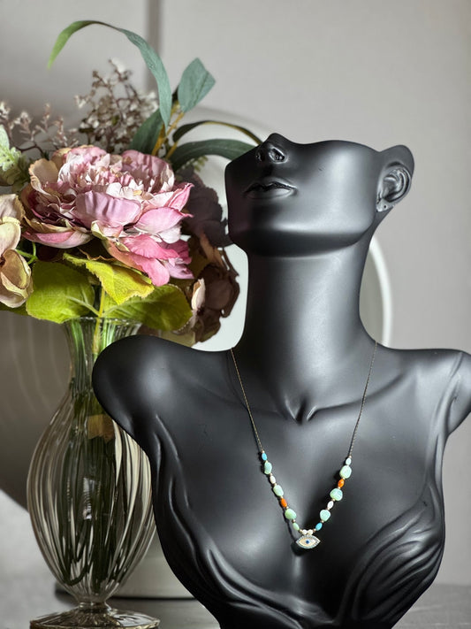 Renkli Doğal Taşlı Kolye - Nazar Boncuklu - Kllea