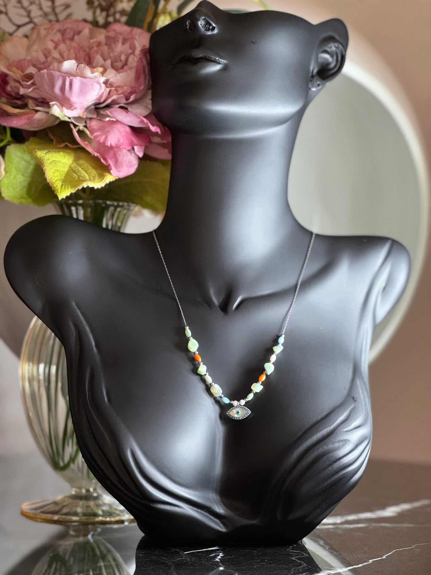 Renkli Doğal Taşlı Kolye - Nazar Boncuklu - Kllea