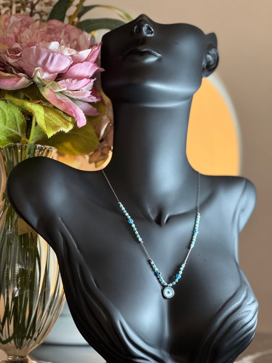 Turkuaz Boncuklu Uzun Kolye - Nazar Boncuklu - Kllea