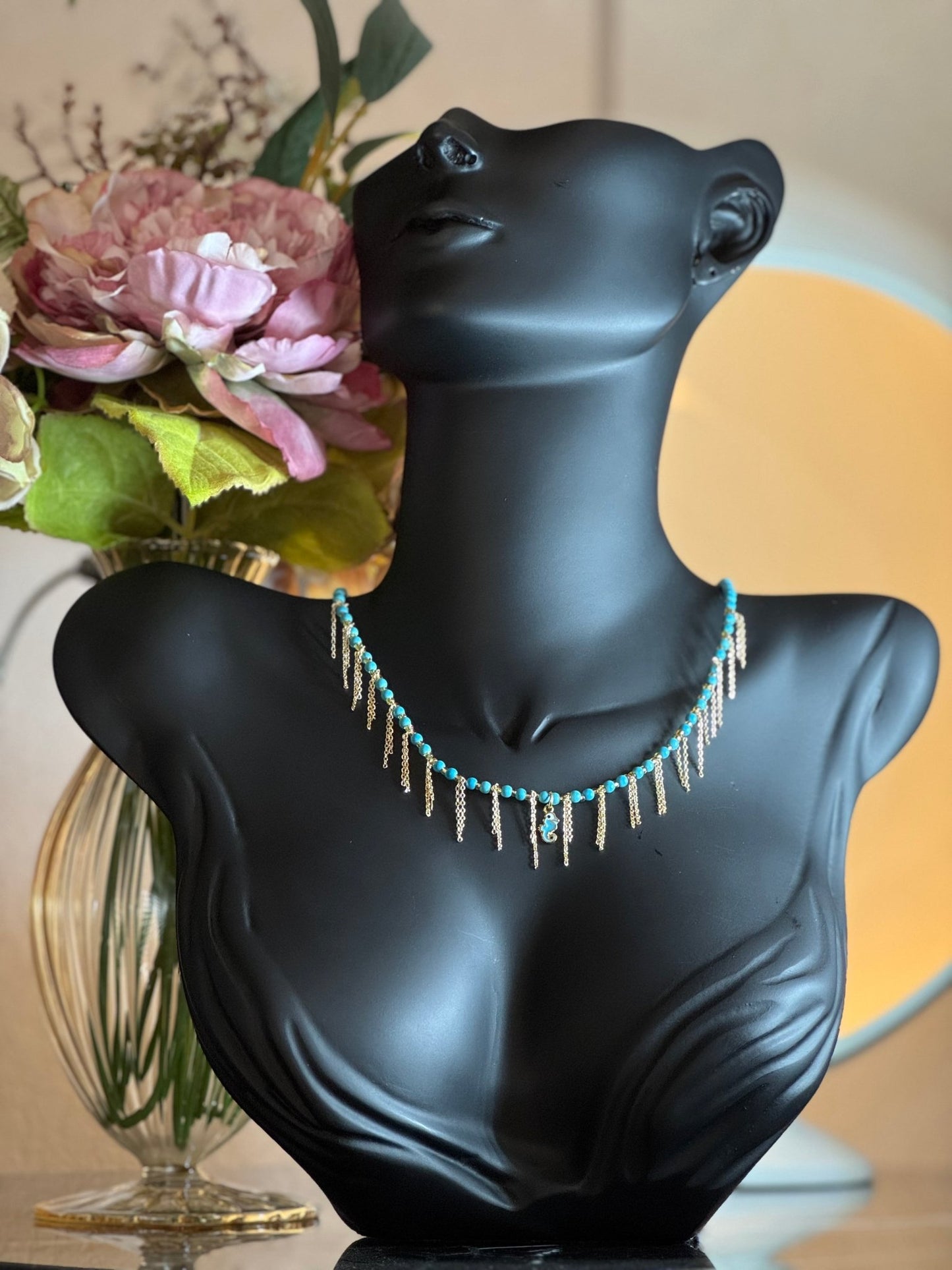 Turkuaz Boncuklu Püsküllü Kolye - Bohem Tasarım - Kllea