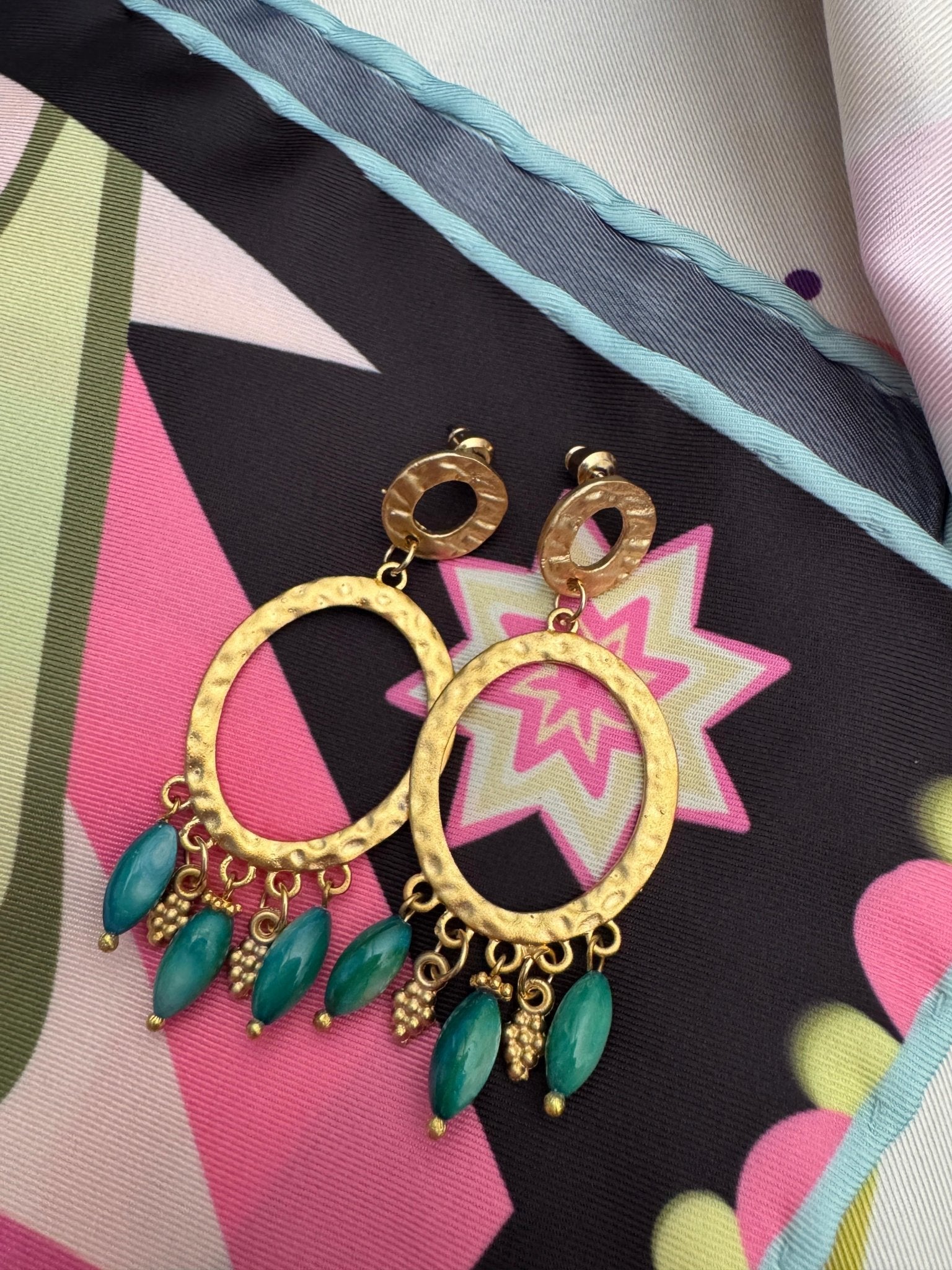 Altın Yeşil Taşlı Halka Küpe - Mağazam