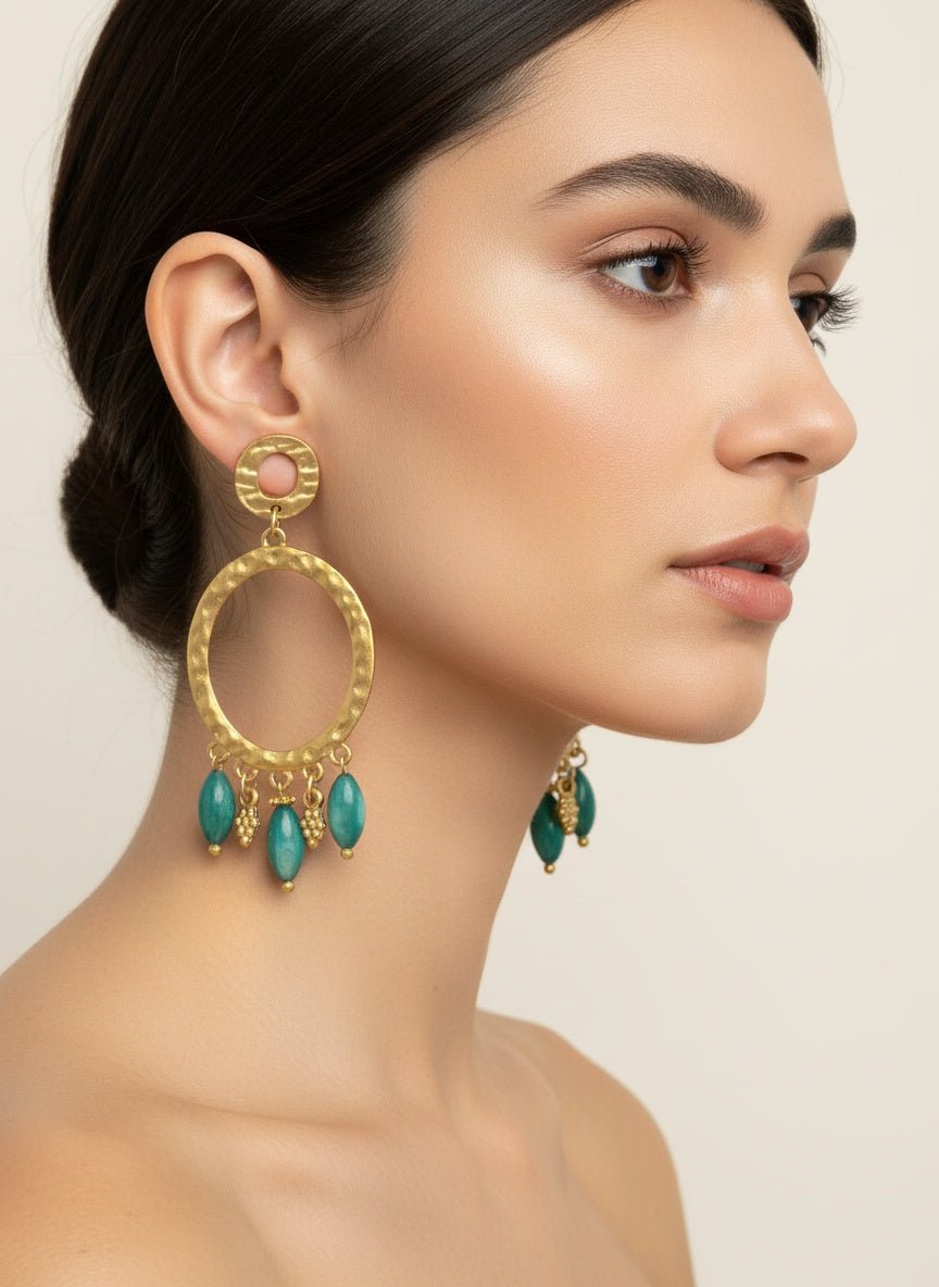 Altın Yeşil Taşlı Halka Küpe - Kllea