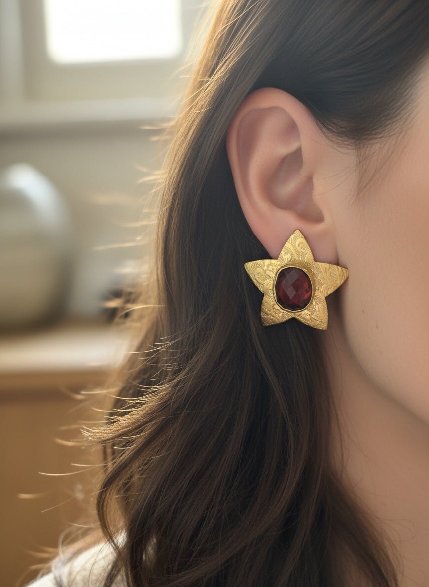 Altın Kaplama Yıldız Küpe - Akik Taş Detaylı - Kllea