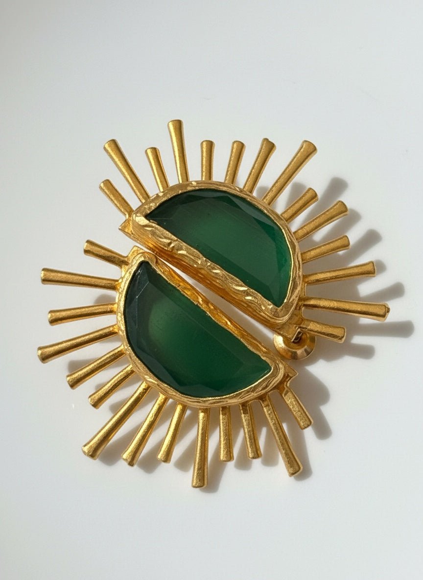 Güneş Motifli El İşçiliği Küpe - Yeşil Doğal Taş - Kllea