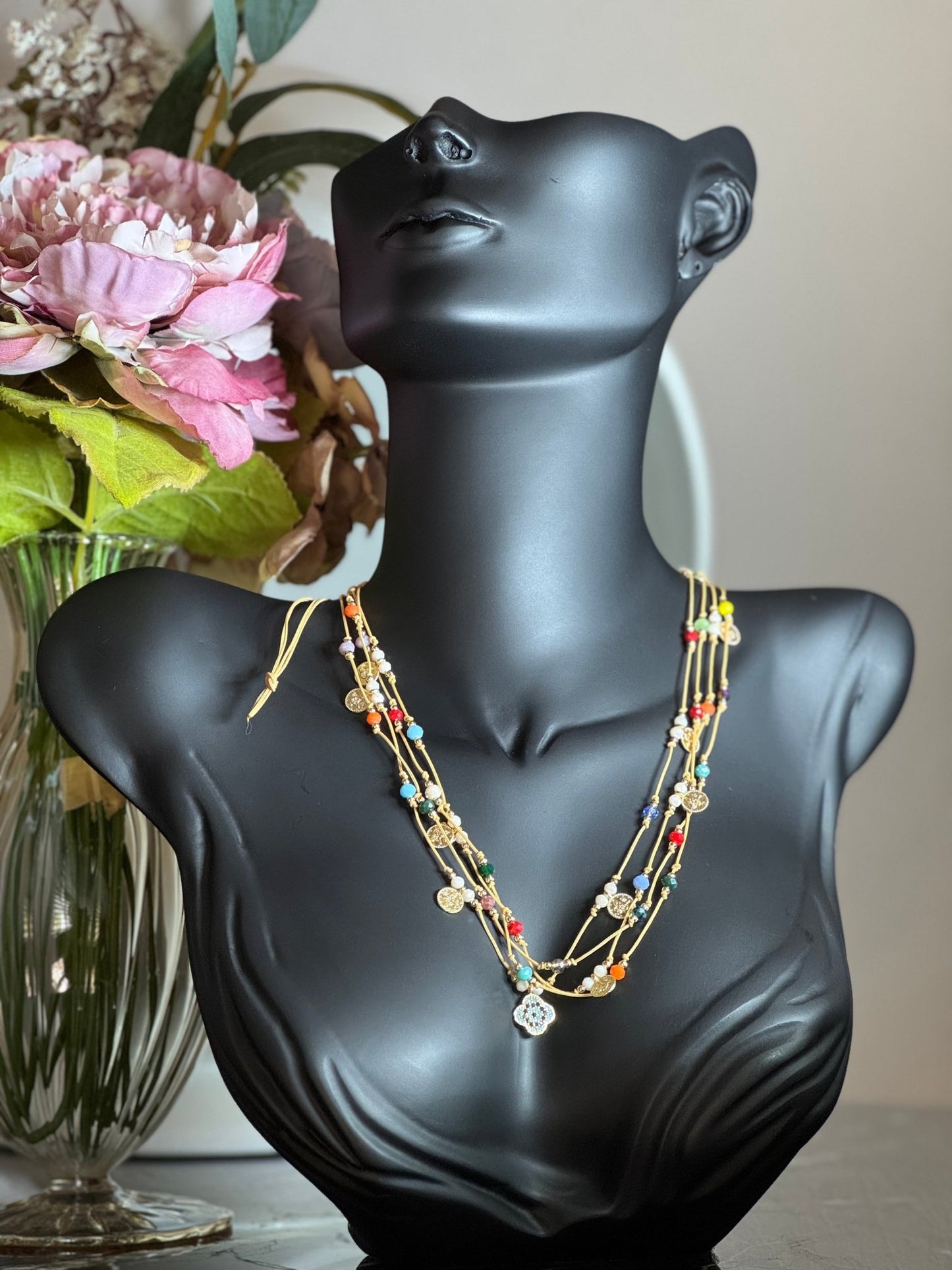 Renkli Boncuklu Kolye - Altın Detaylı - Kllea