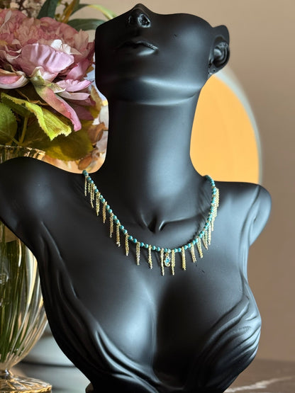 Turkuaz Boncuklu Püsküllü Kolye - Bohem Tasarım - Kllea