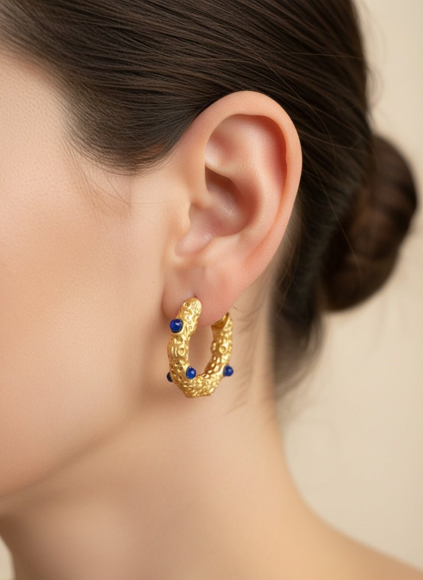 Mavi Taşlı Altın Halka Küpe - Kllea