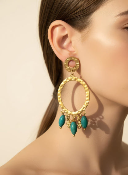 Altın Yeşil Taşlı Halka Küpe - Kllea