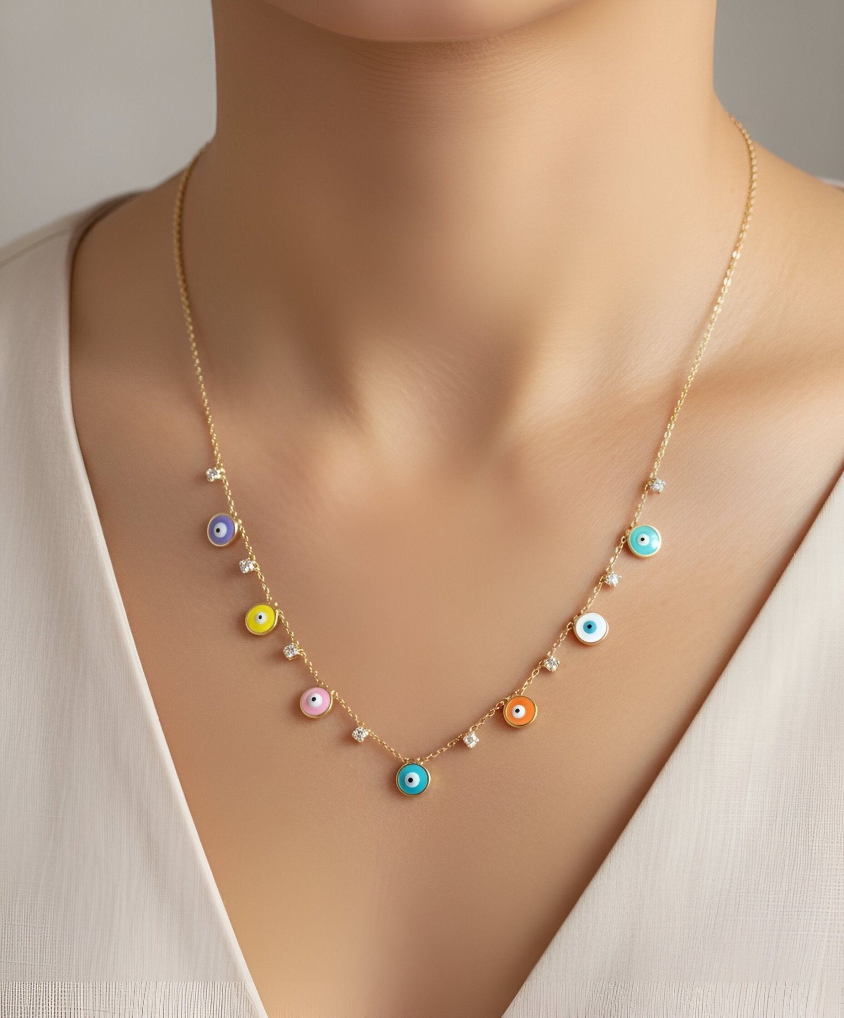 Renkli Nazar boncuklu Taşlı İnce Zincirli Kolye - Minimalist Tasarım - Kllea