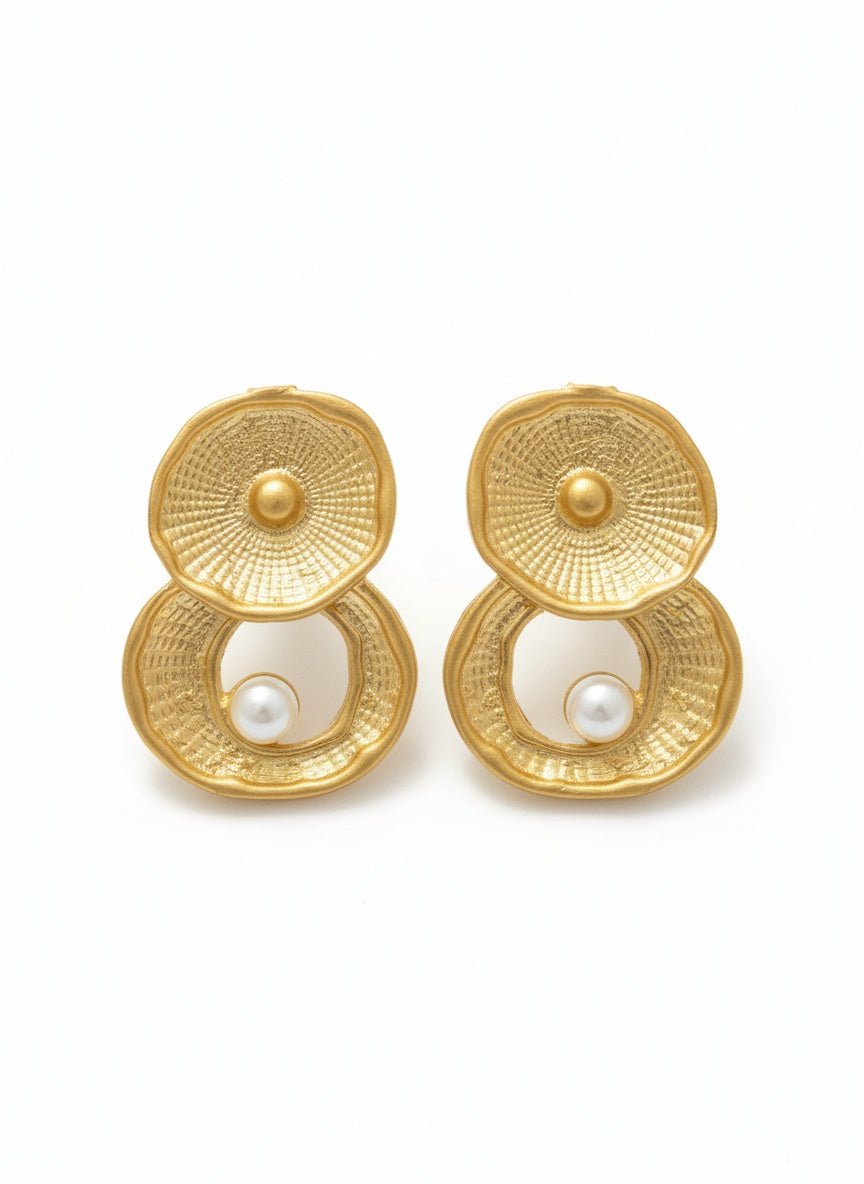 Altın Kaplama İnci Detaylı El İşçiliği Çift Halka Küpe - Kllea