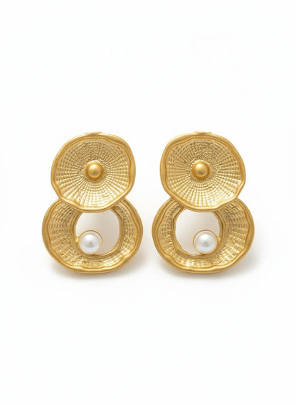 Altın Kaplama İnci Detaylı El İşçiliği Çift Halka Küpe - Kllea